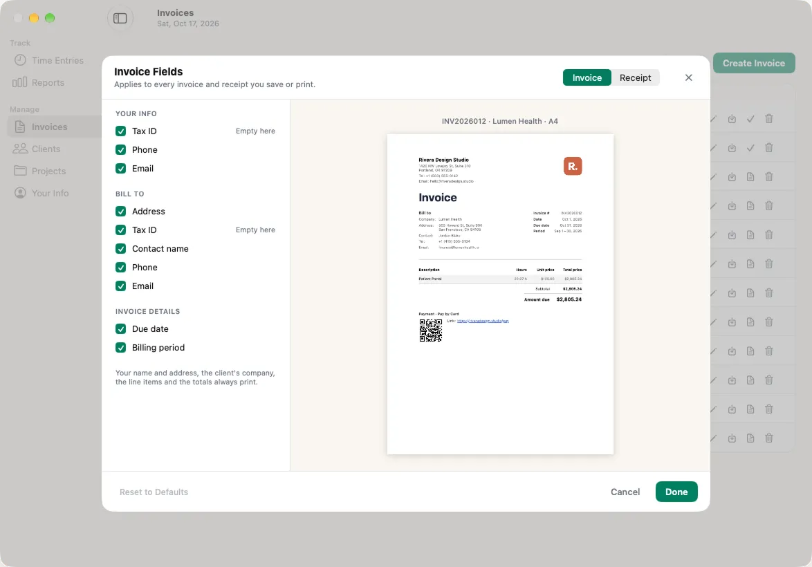 Tallico's invoice settings, with a preview of the finished invoice.